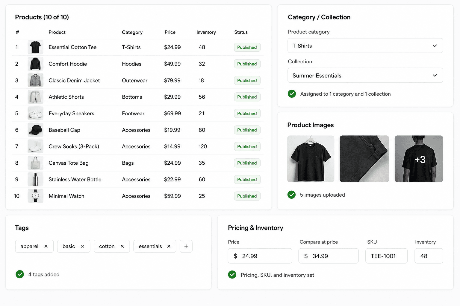 Product Upload — 10 Products dashboard preview